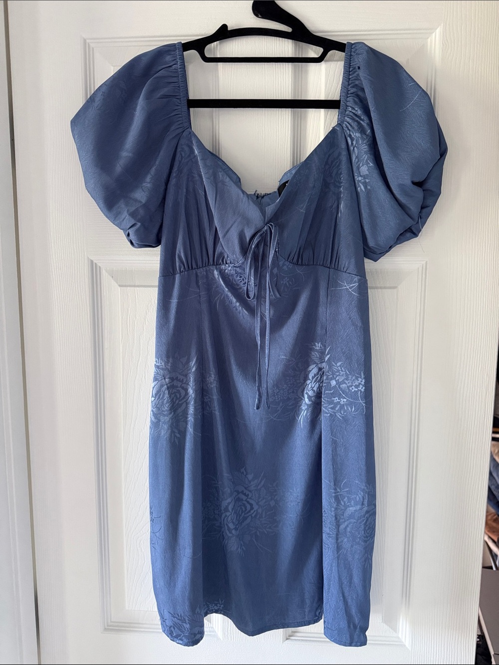 Lulu's Dusty Blue Puff-Sleeve Midi Dress with Tie Front